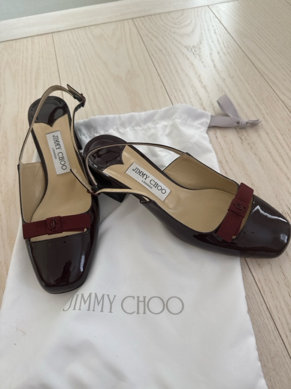 Jimmy Choo Dark Burgundy Patent Leather Slingback Mules with burgundy grosgrain